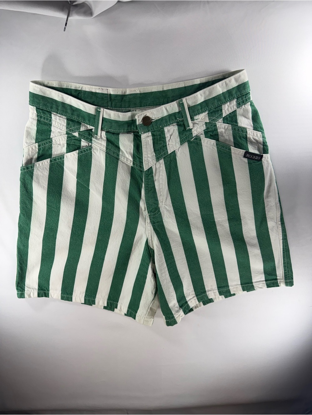 Vintage Rockies High Rise Green & White Striped Shorts | Western Cotton | USA - Picture 2 of 13